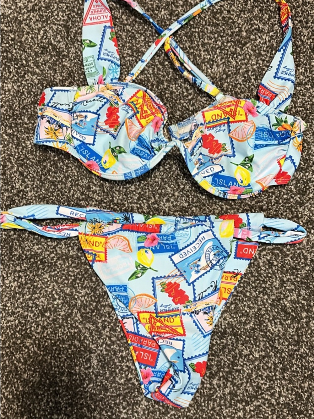 SHEIN Light Blue Multi-Color Stamp Print Bikini